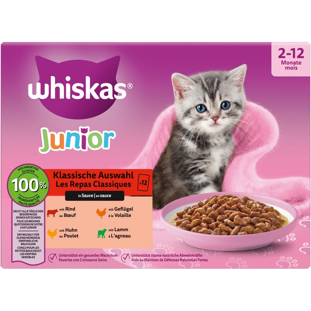 Whiskas Junior Katzenfutter-Box mit Kätzchen und Futterschale.