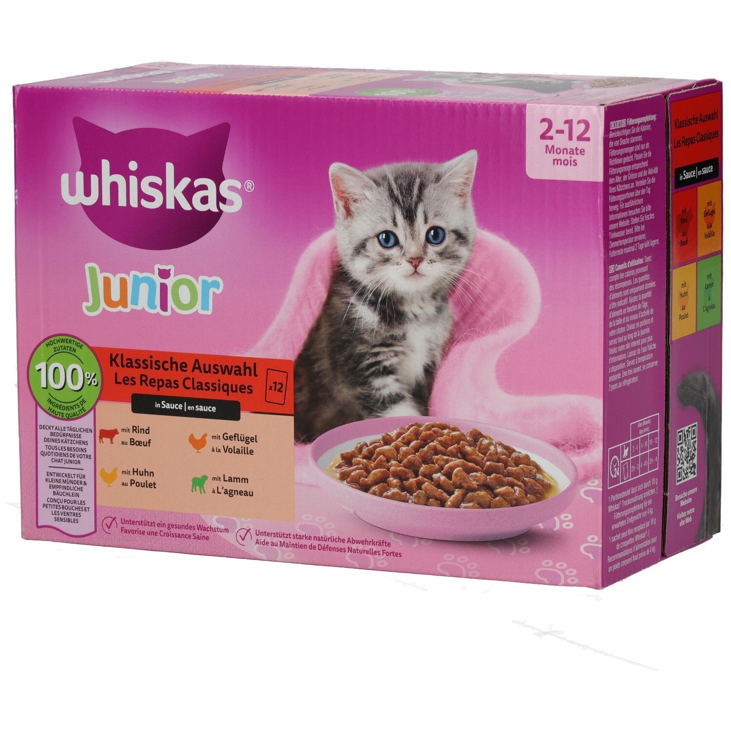 Whiskas Junior Katzenfutter-Box, Seitenansicht mit Produktinformationen.