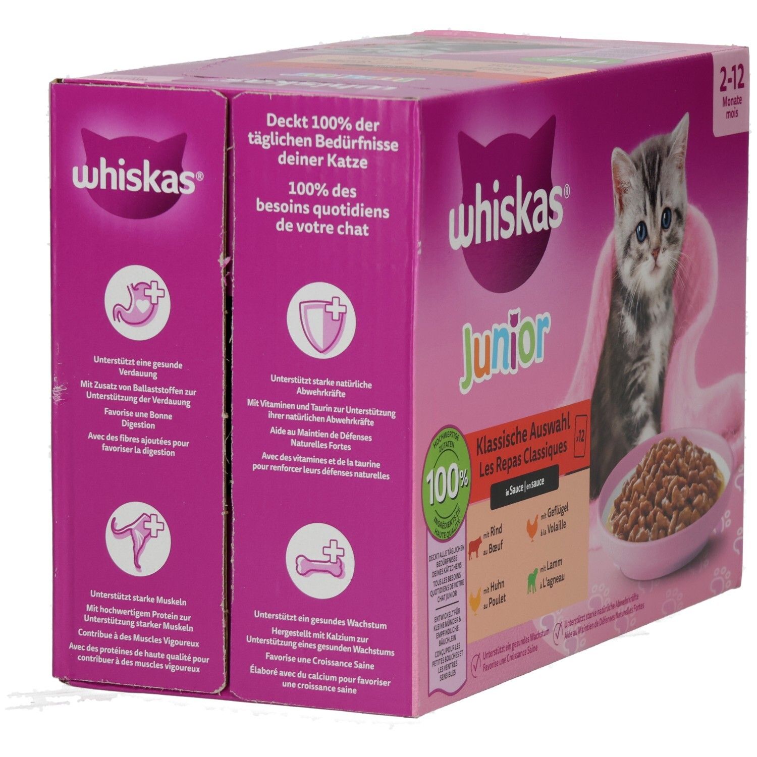 Whiskas Junior Katzenfutter-Box, Rückseite mit detaillierten Informationen.