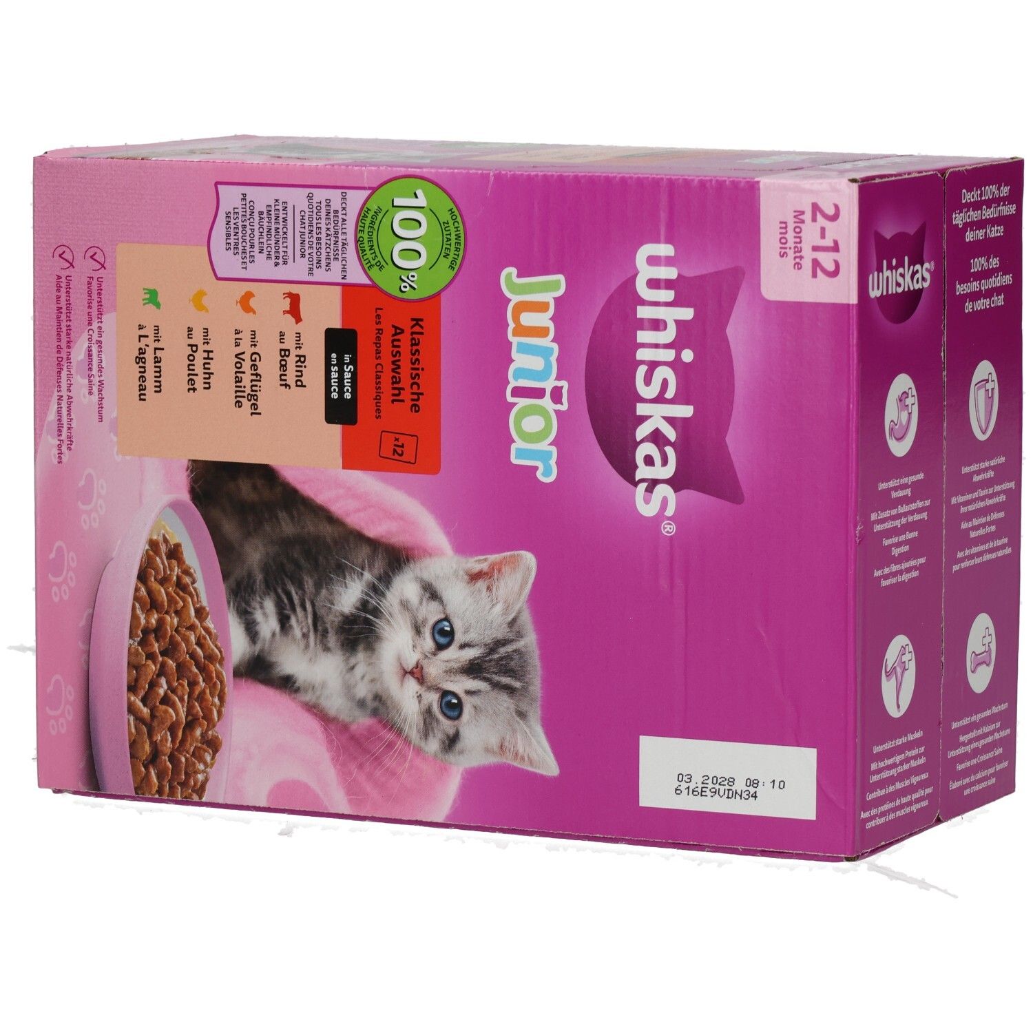 Whiskas Junior Katzenfutter-Box, schräge Ansicht mit Kätzchen und Futterschale.