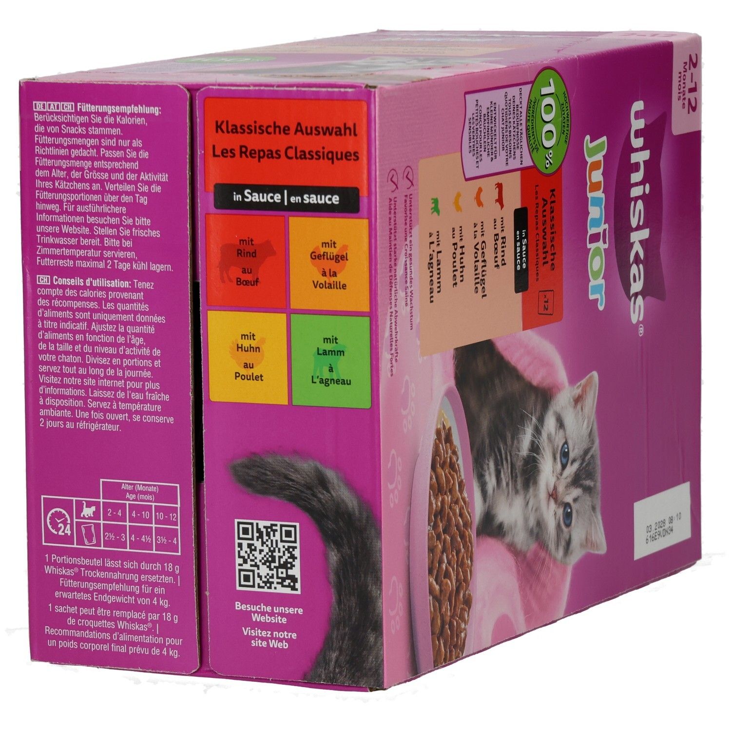 Whiskas Junior Katzenfutter-Box, schräge Ansicht, Fokus auf Kätzchen und Futter.