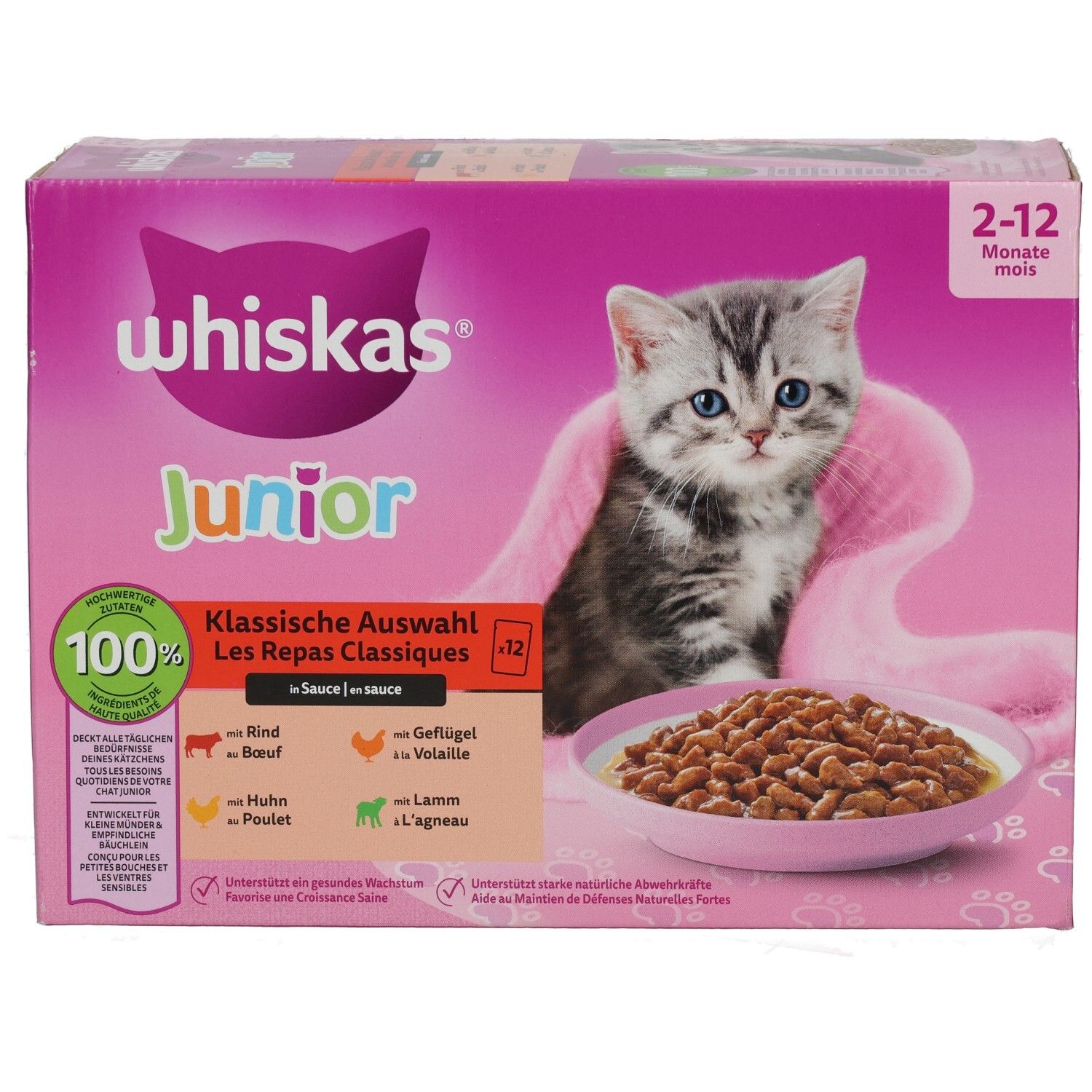 Whiskas Junior Katzenfutter-Box, Vorderansicht mit Kätzchen und Futterschale.