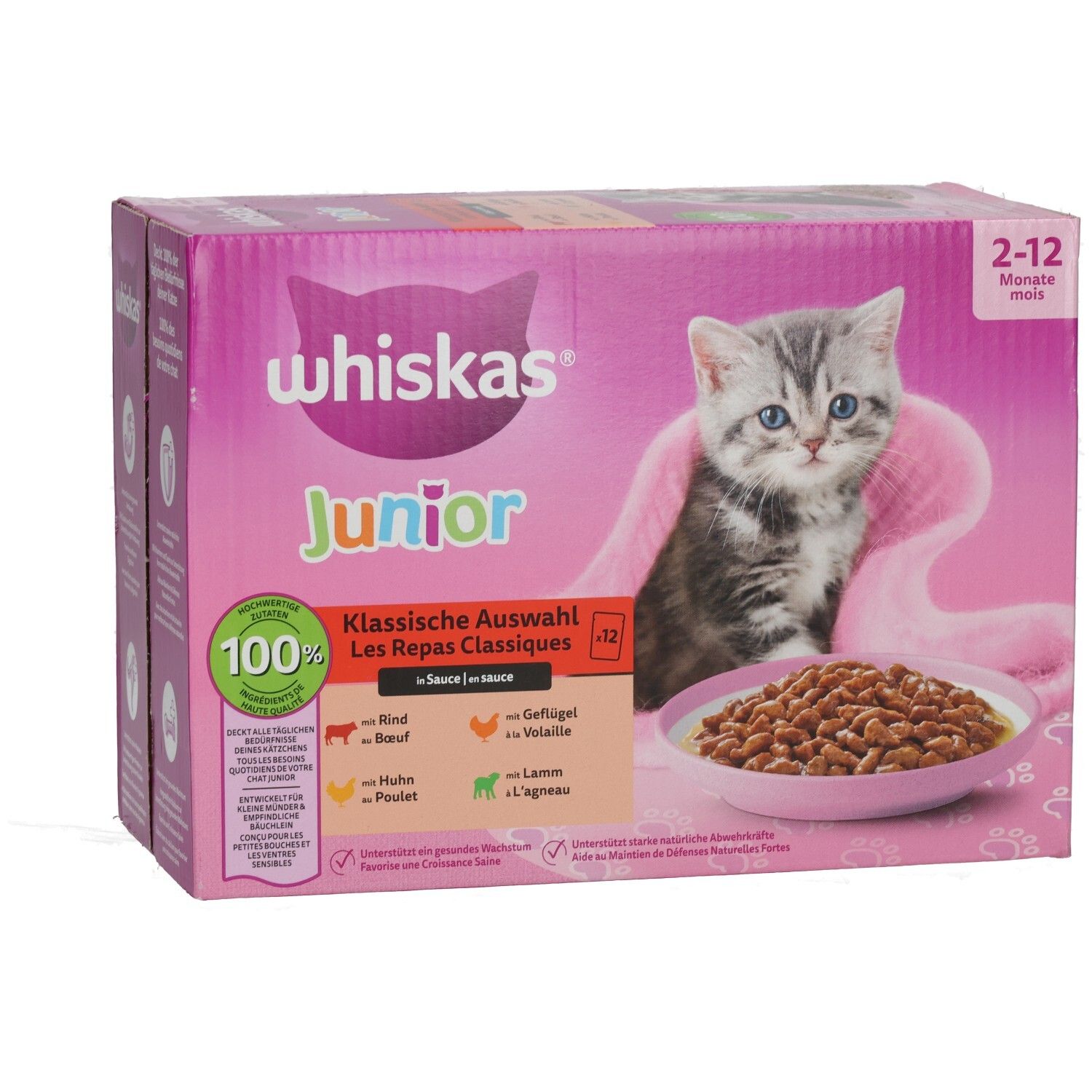 Whiskas Junior Katzenfutter-Box, schräge Ansicht, Fokus auf Kätzchen und Futter.