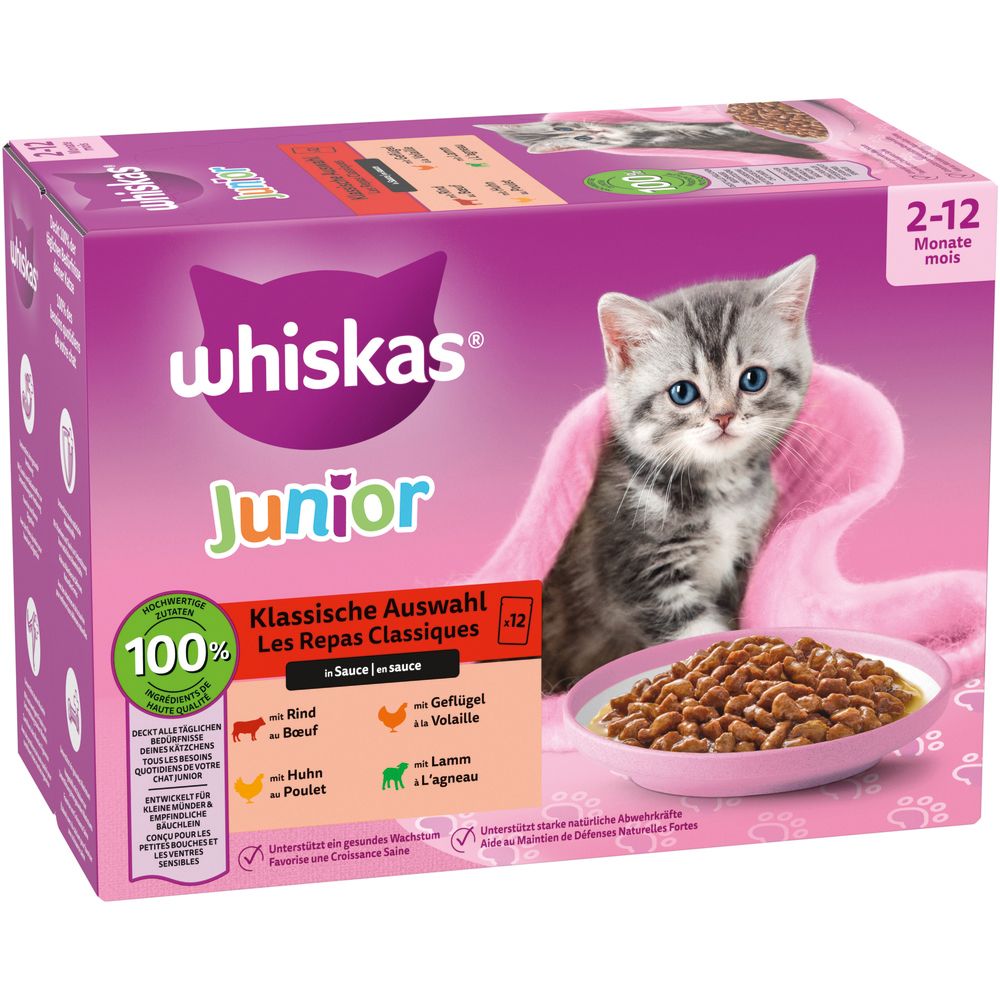 Whiskas Junior Katzenfutter-Box, Vorderansicht mit Kätzchen und Futterschale.