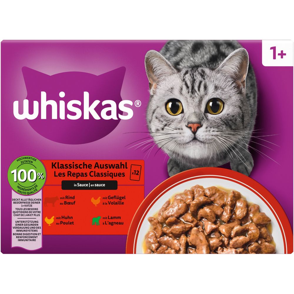 Whiskas Katzenfutter, klassische Auswahl in Sauce, 12x 85g.