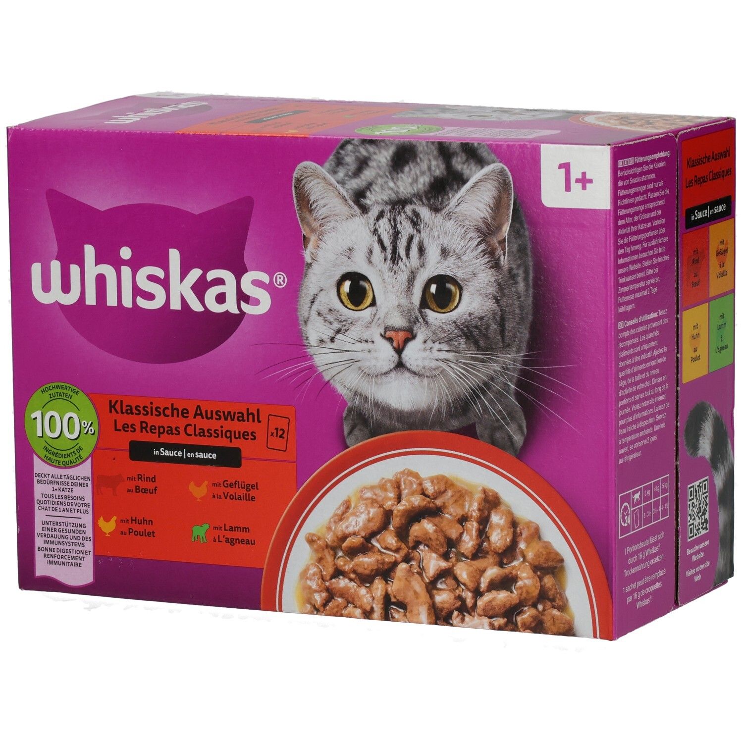 Seitenansicht einer Packung Whiskas Katzenfutter, Klassische Auswahl, 12x85g.