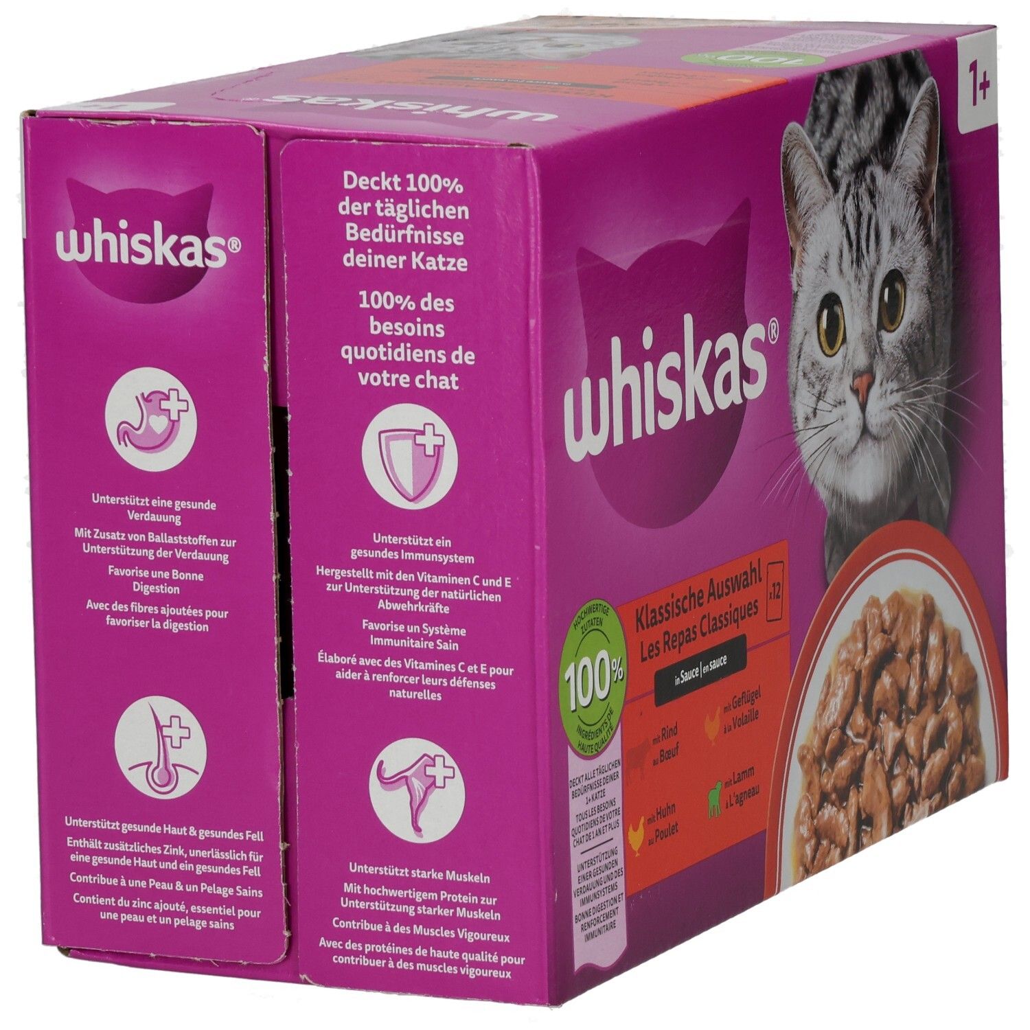 Seitenansicht einer Packung Whiskas Katzenfutter, Klassische Auswahl, 12x85g.