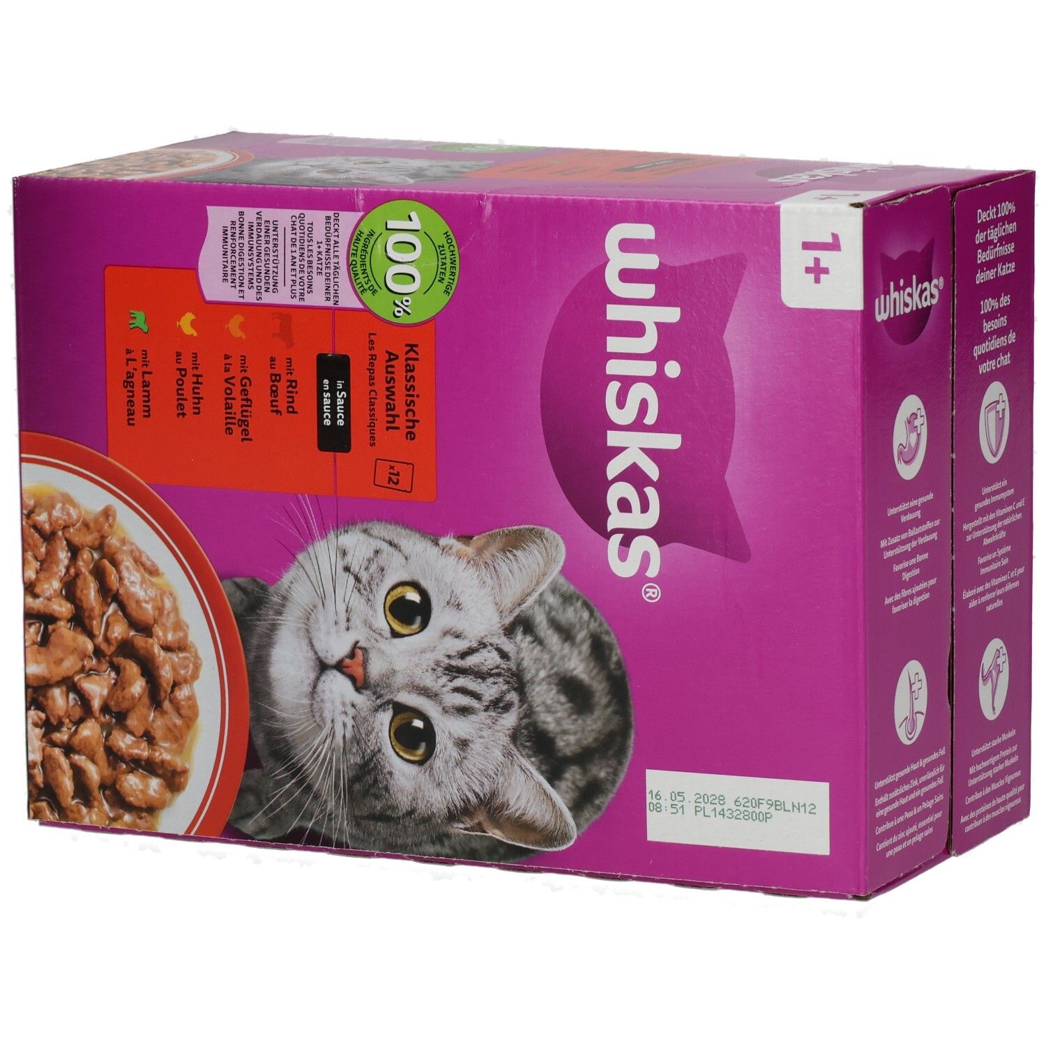 Seitenansicht einer Packung Whiskas Katzenfutter, Klassische Auswahl, 12x85g.