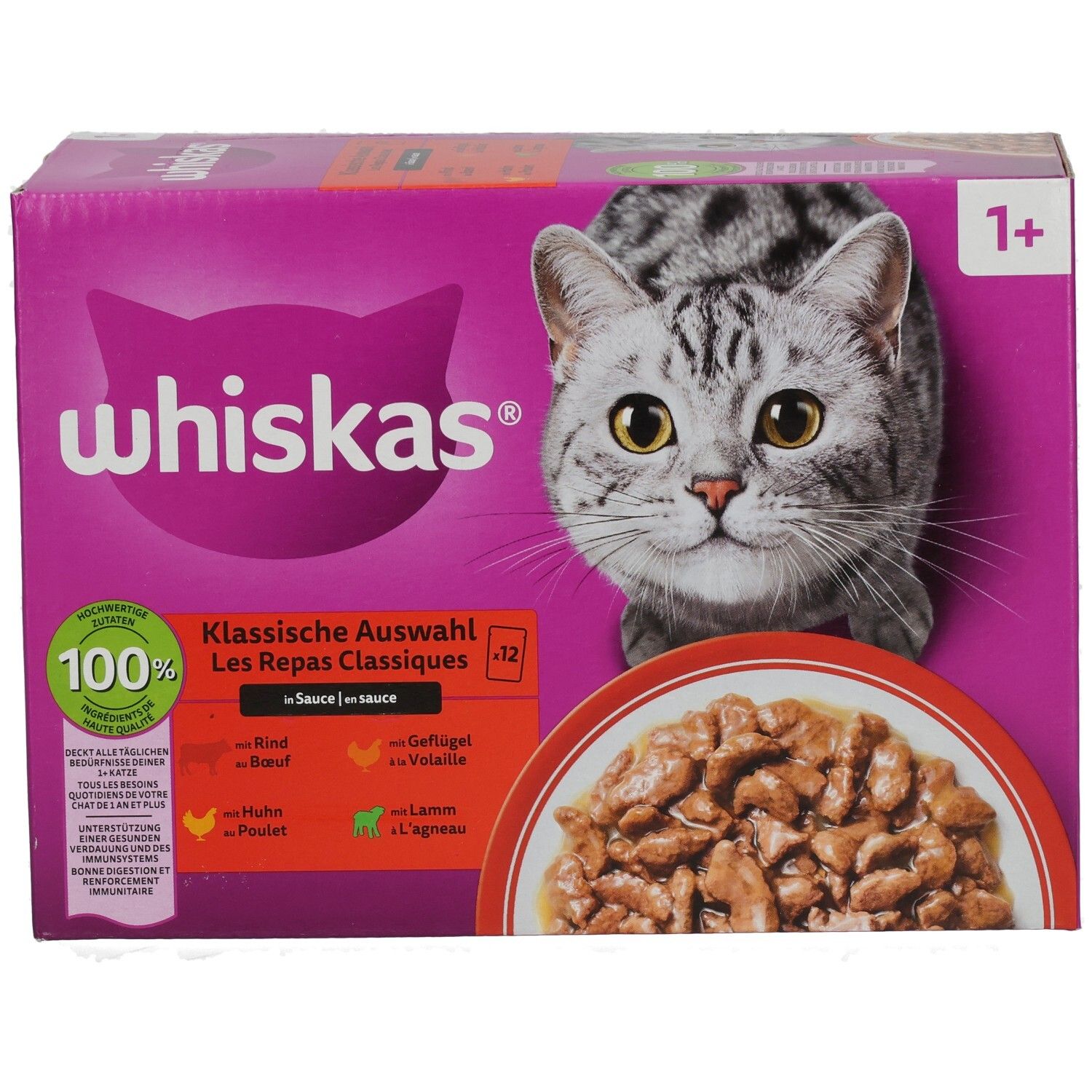 Vorderseite einer Packung Whiskas Katzenfutter, Klassische Auswahl, 12x85g.