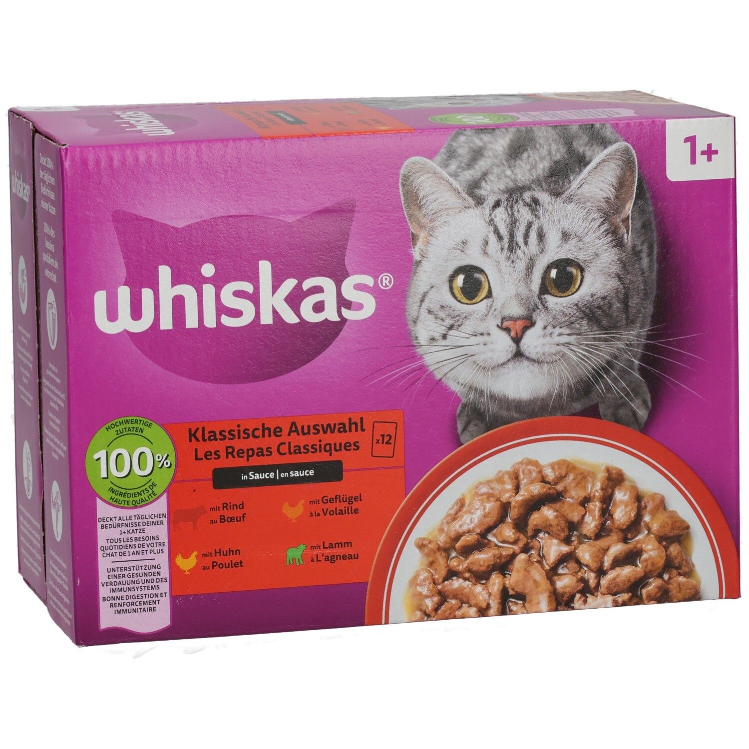 Seitenansicht einer Packung Whiskas Katzenfutter, Klassische Auswahl, 12x85g.