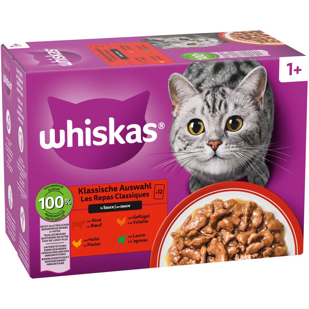 Whiskas Katzenfutter, klassische Auswahl in Sauce, 12x 85g.