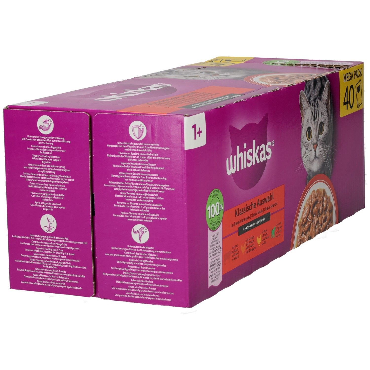 Whiskas Frischebeutel 40er Pack, Klassische Auswahl, mit Katze und Futterschale.