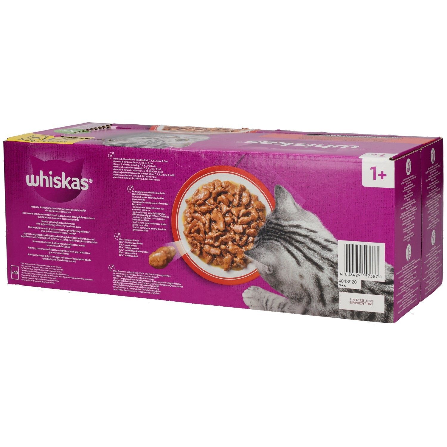 Whiskas Frischebeutel 40er Pack, Klassische Auswahl, Rückseite mit Informationen.