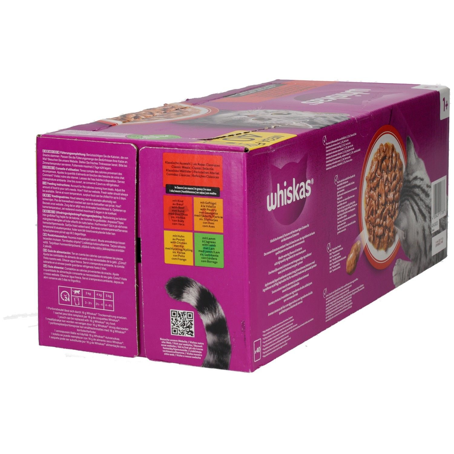 Whiskas Frischebeutel 40er Pack, Klassische Auswahl, Katze frisst aus Schale.