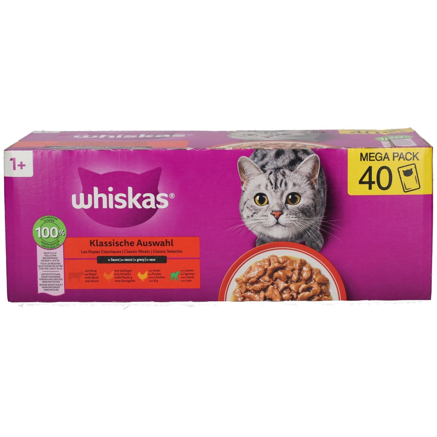 Whiskas Frischebeutel 40er Pack, Klassische Auswahl, Rückseite mit Informationen.