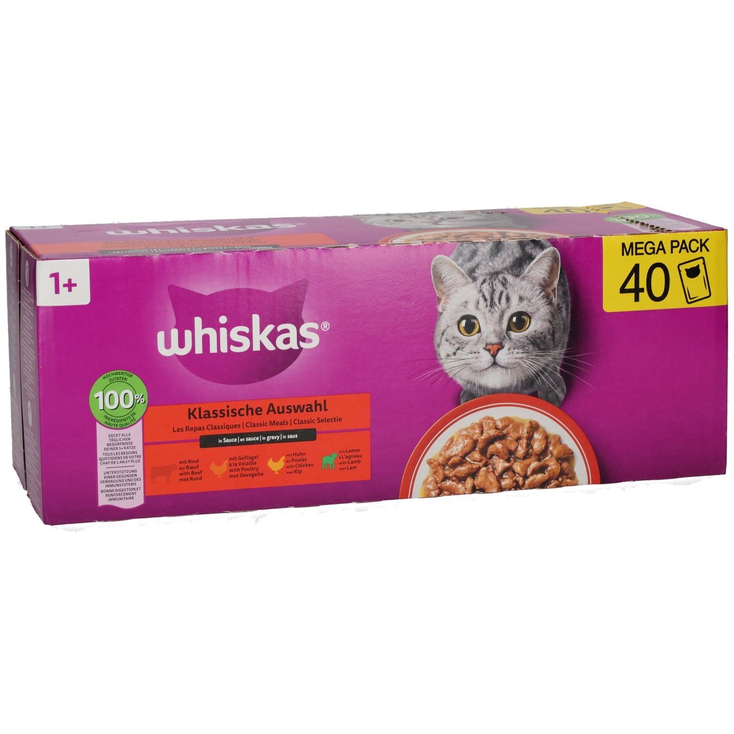 Whiskas Frischebeutel 40er Pack, Klassische Auswahl, mit Katze und Futterschale.