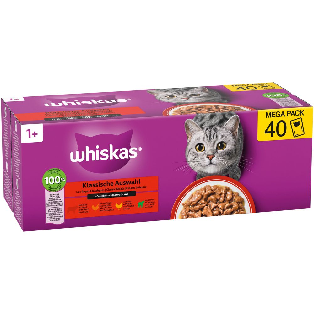 Whiskas Frischebeutel 40er Pack, Klassische Auswahl, Seitenansicht mit Katze und Futterschale.