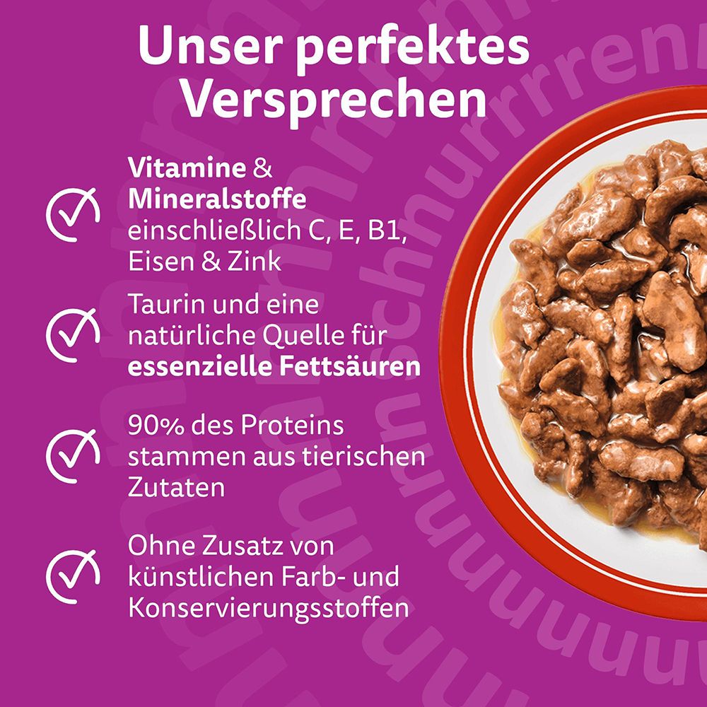 Whiskas Futter: Vitamine, Mineralstoffe, Taurin, 90% Protein aus tierischen Zutaten.