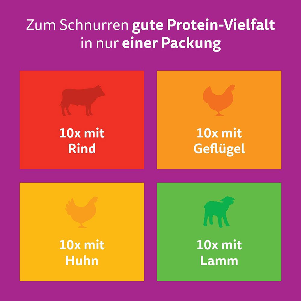 Whiskas: 10x Rind, 10x Geflügel, 10x Huhn, 10x Lamm in einer Packung.