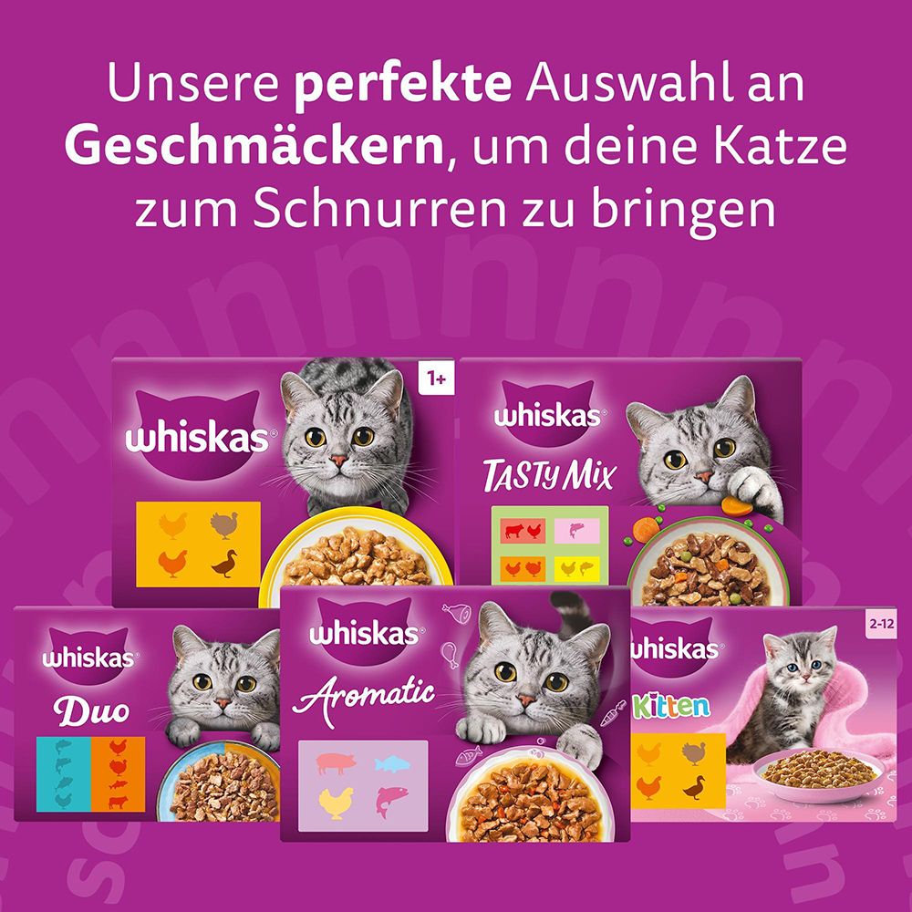 Whiskas: Verschiedene Geschmacksrichtungen für Katzen.