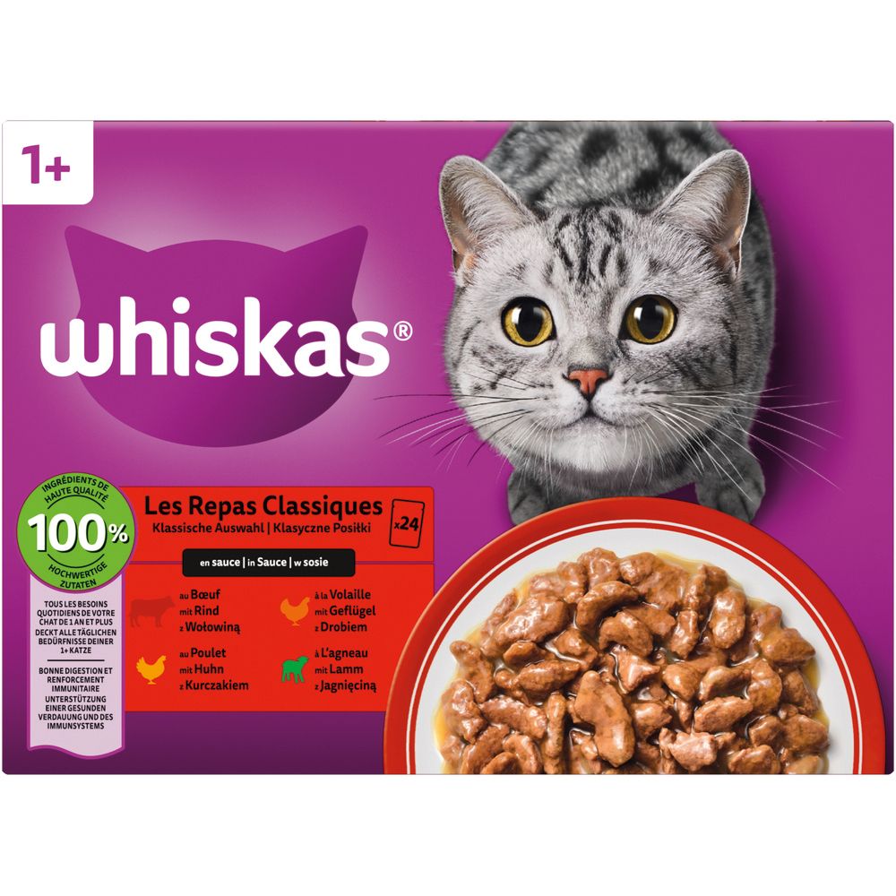 Whiskas Frischebeutel 24er Packung, klassische Auswahl in Sauce, mit Katzenmotiv.