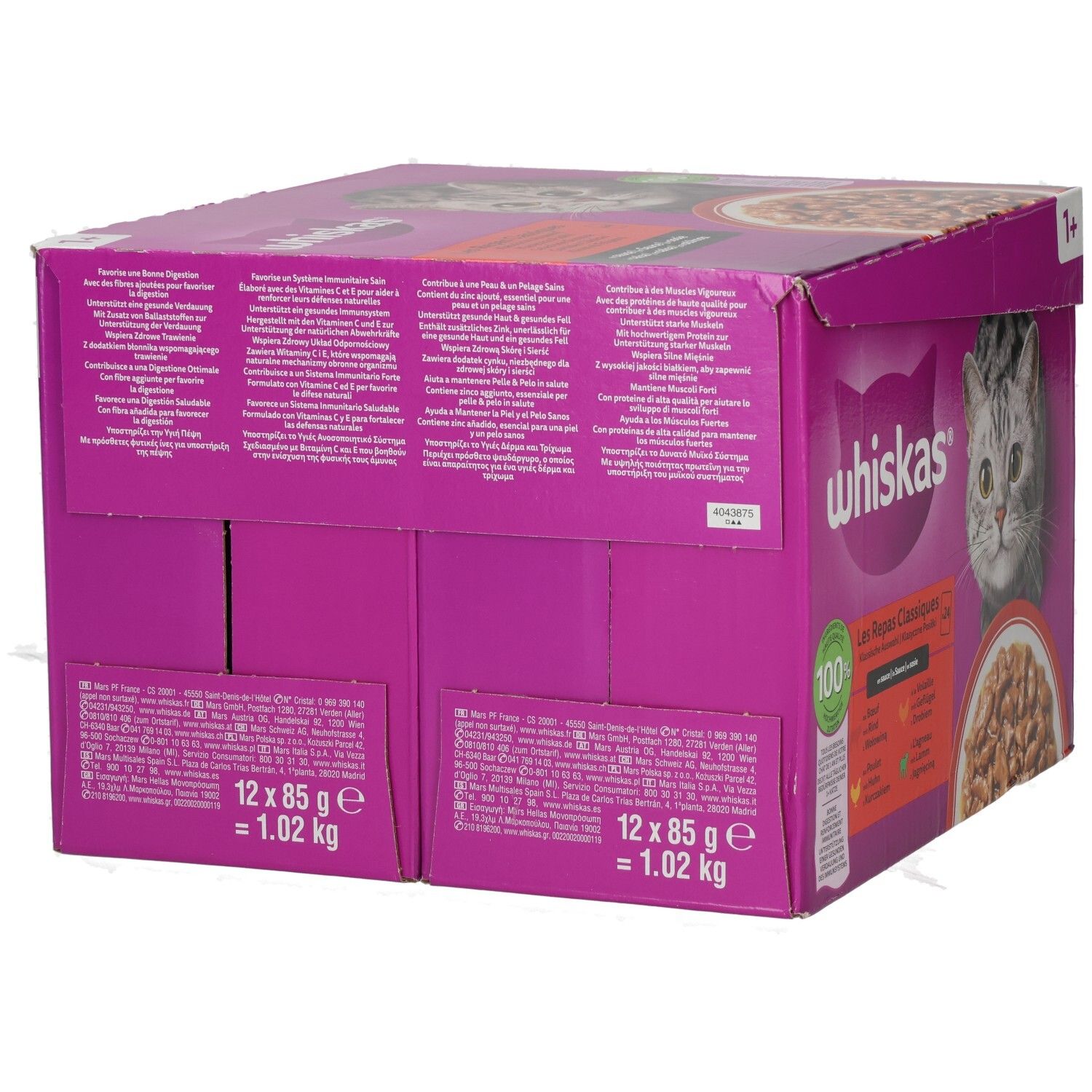 Whiskas Frischebeutel 24er Packung, klassische Auswahl in Sauce, mit Katzenmotiv.