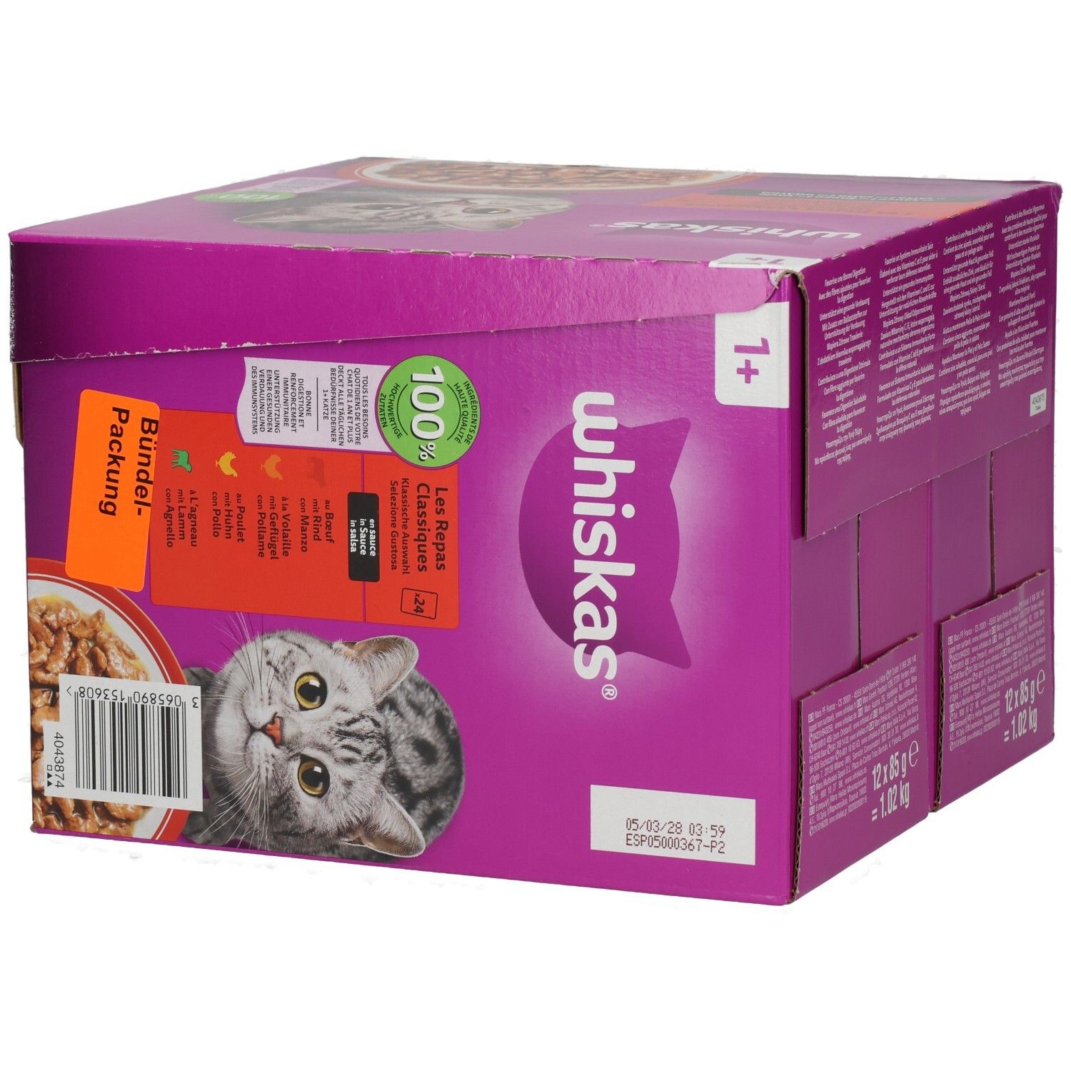 Rückseite einer Whiskas Frischebeutel 24er Packung mit Fütterungsempfehlungen.