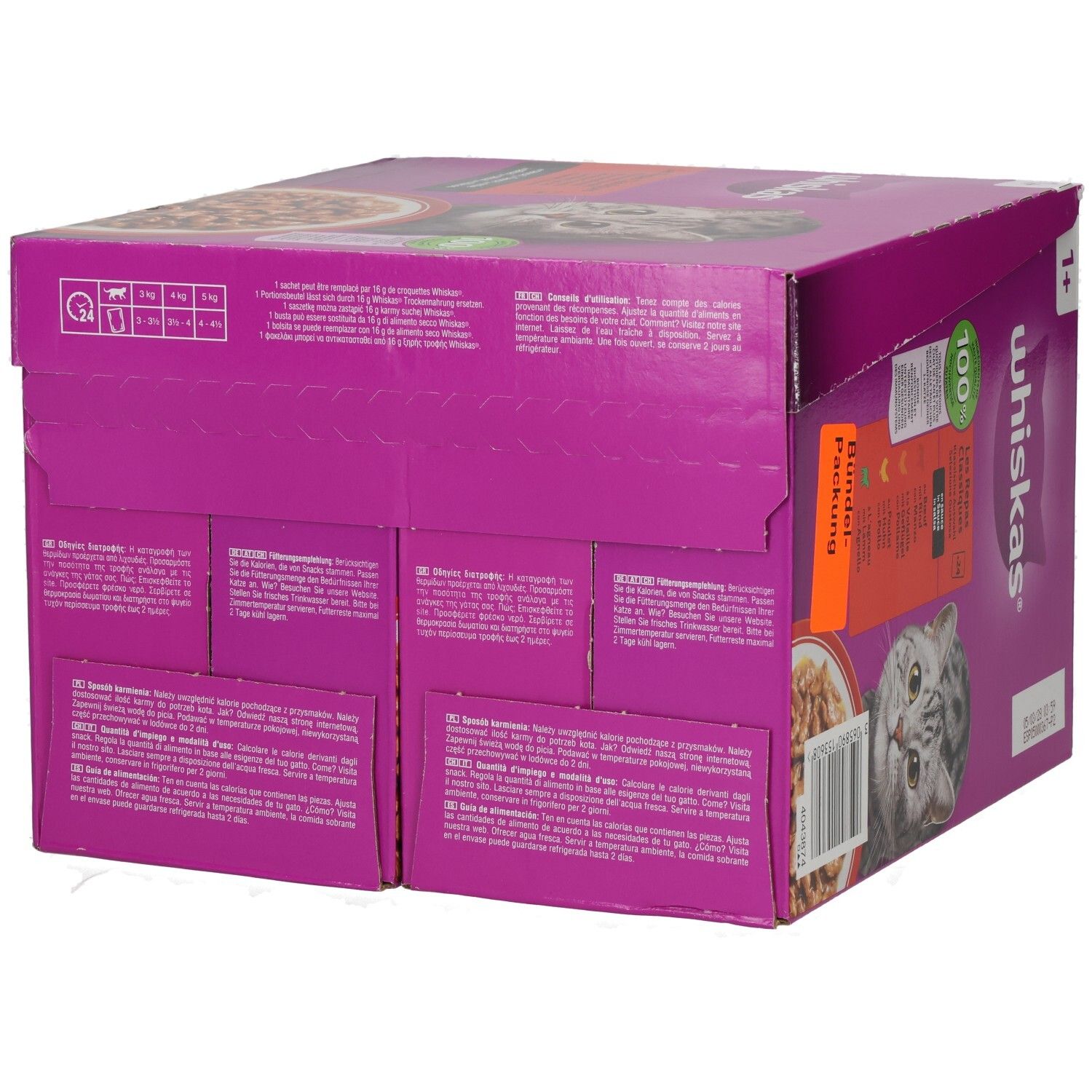 Seite einer Whiskas Frischebeutel 24er Packung mit Produktinformationen und Barcode.