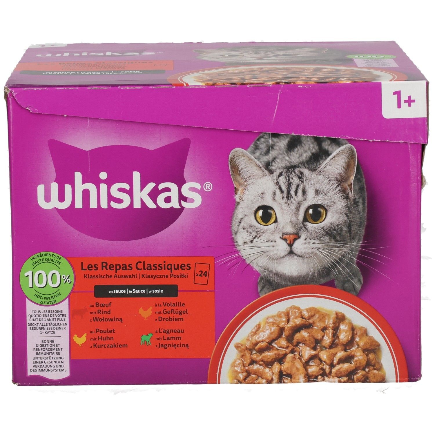 Vorderseite einer Whiskas Frischebeutel 24er Packung, klassische Auswahl in Sauce.