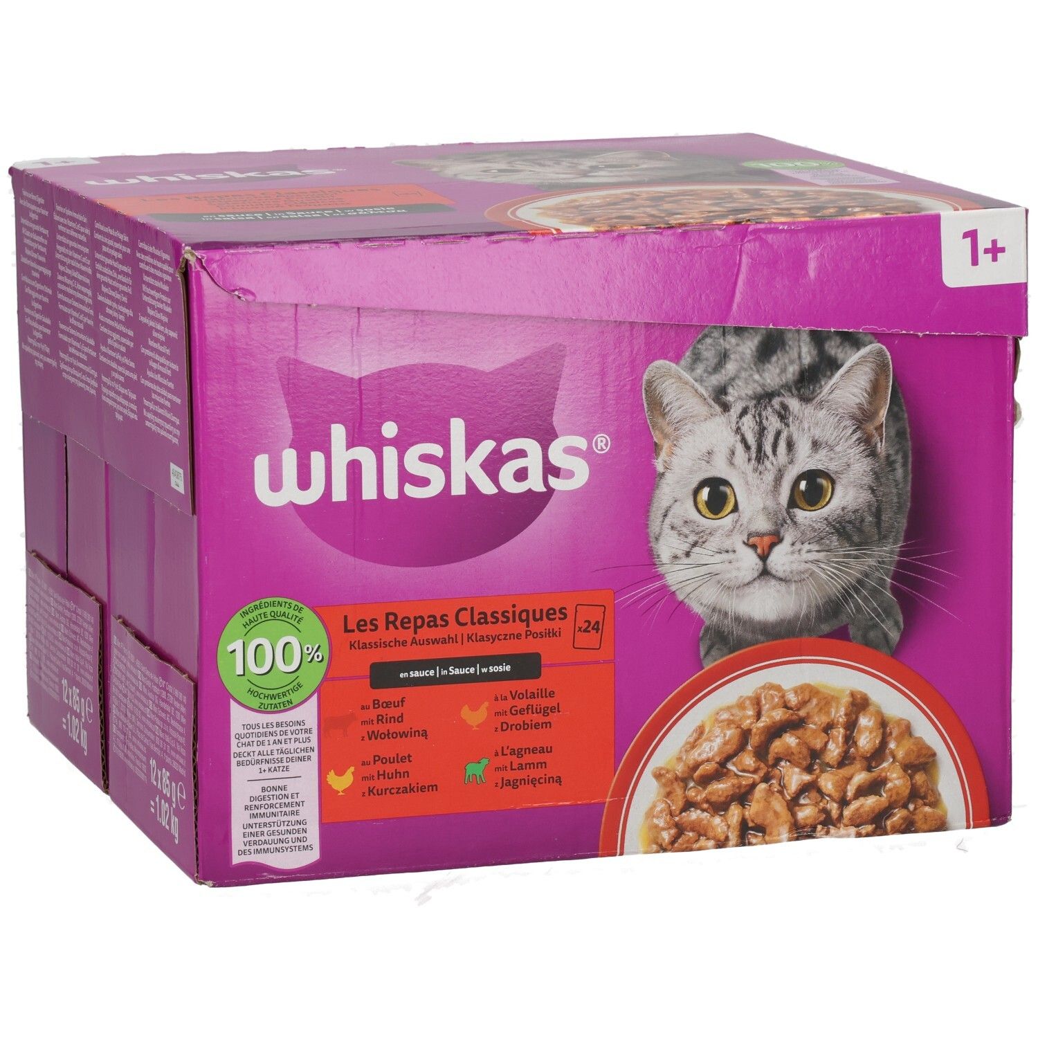 Whiskas Frischebeutel 24er Packung, klassische Auswahl in Sauce, aus verschiedenen Blickwinkeln.