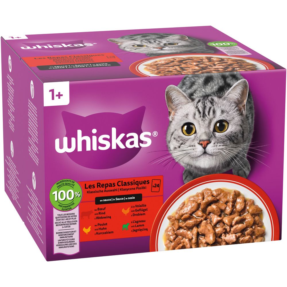 Whiskas Frischebeutel 24er Packung, klassische Auswahl in Sauce, aus verschiedenen Blickwinkeln.