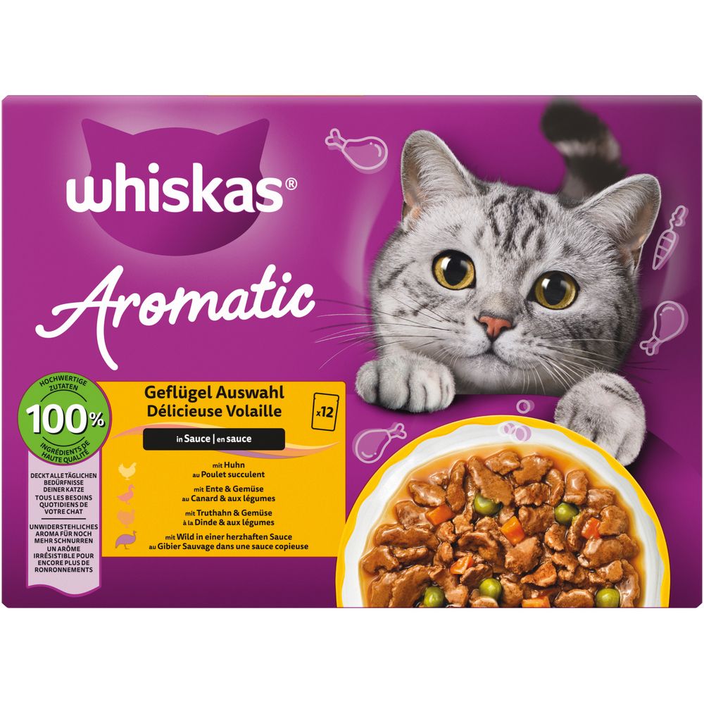 Whiskas Aromatic Geflügel Auswahl in Sauce Katzenfutter-Packung mit Katze und Schüssel voller Futter.