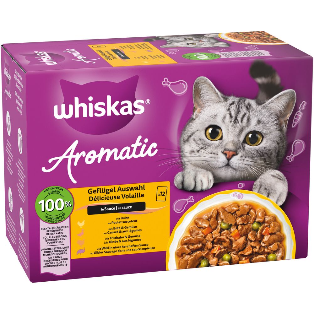 Whiskas Aromatic Geflügel Auswahl in Sauce Katzenfutter-Packung von der Seite, mit Katze und Futter.