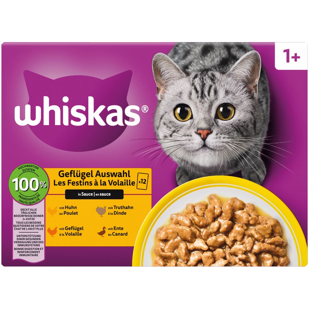 Whiskas Geflügel Auswahl 12x85g Packung mit Katze und Schale Nassfutter.