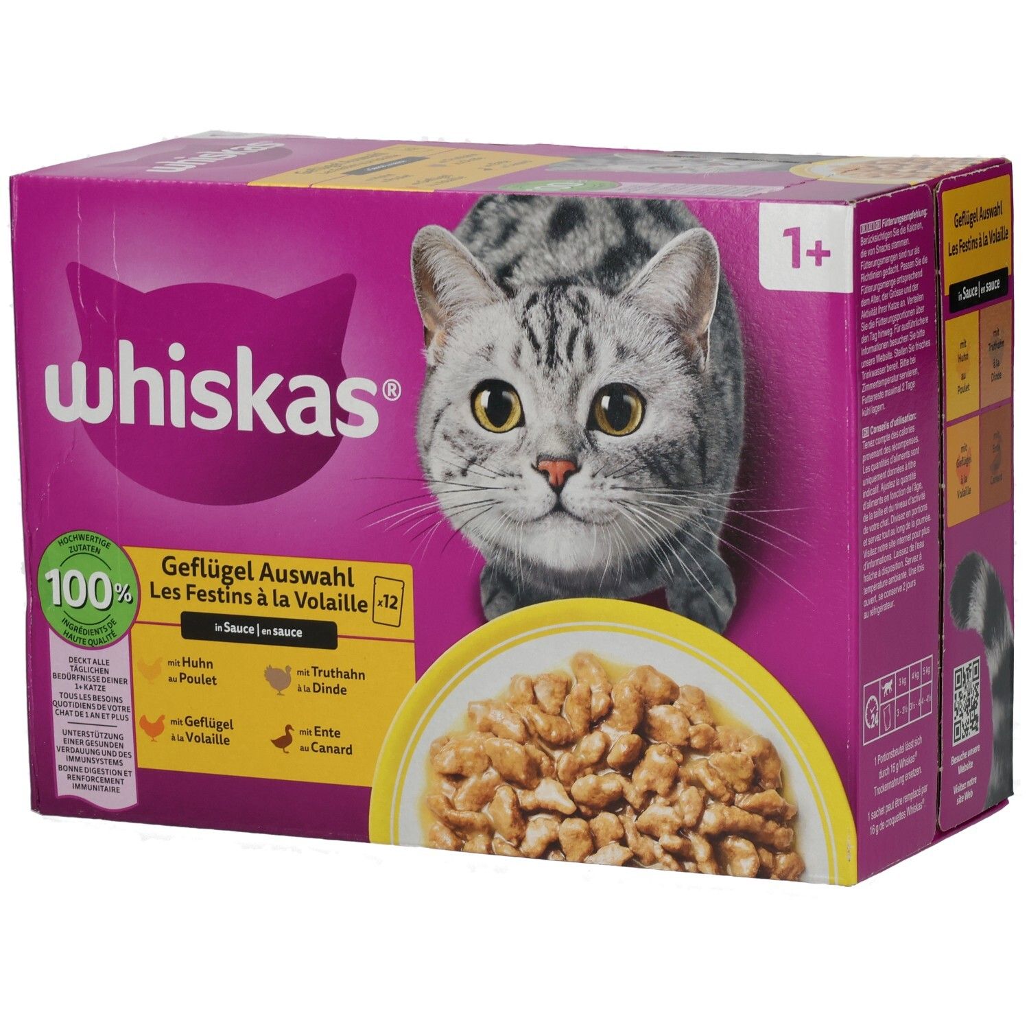 Übersicht Whiskas Nassfutter Sorten: Geflügel Auswahl, Tasty Mix, Duo, Aromatic, Kitten.