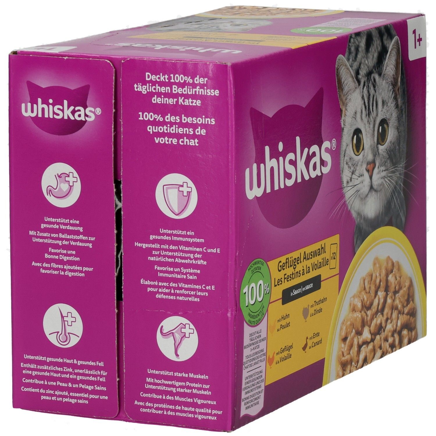 Whiskas Geflügel Auswahl 12x85g Packung mit Katze und Schale Nassfutter.
