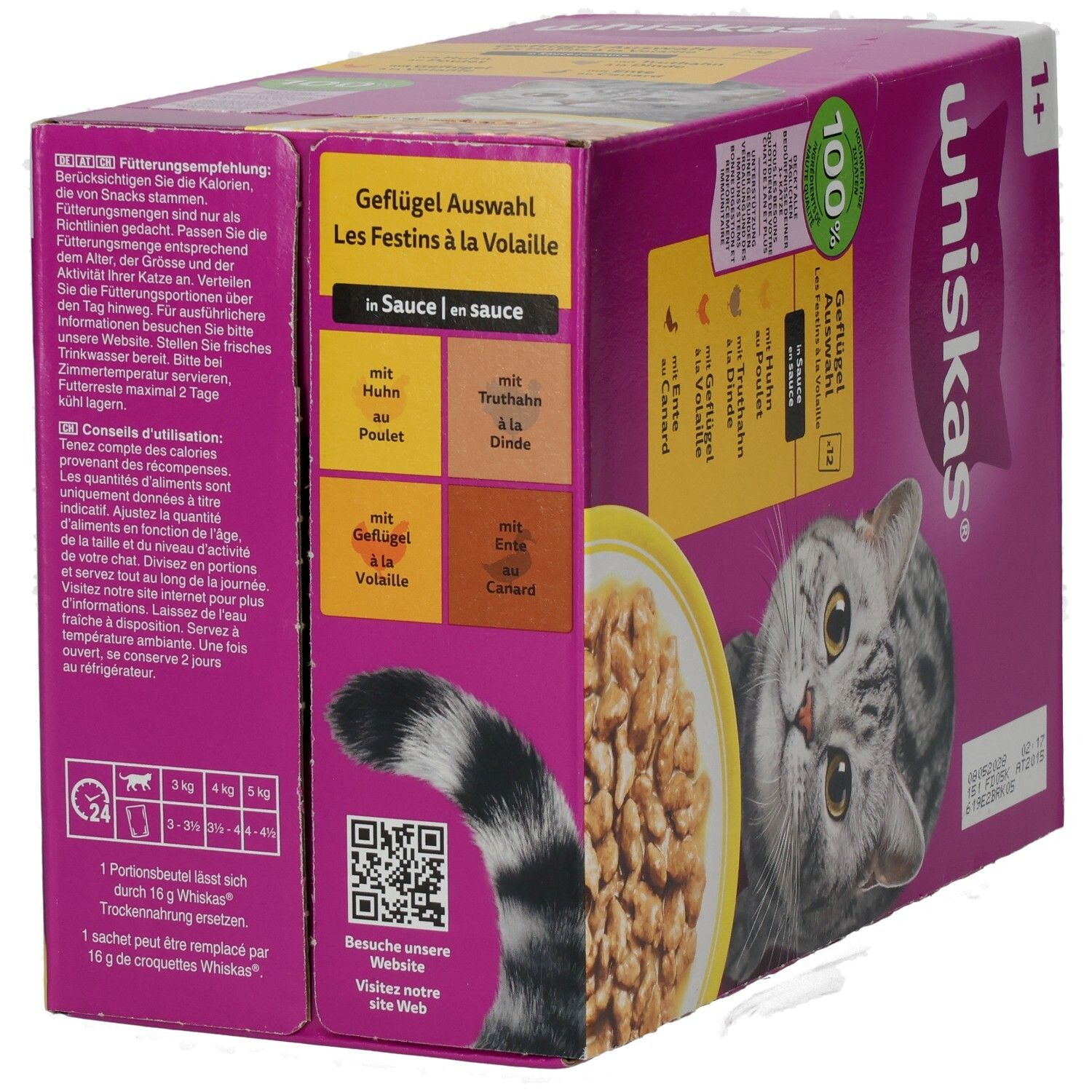 Whiskas Geflügel Auswahl 12x85g Packung mit Katze und Schale Nassfutter.