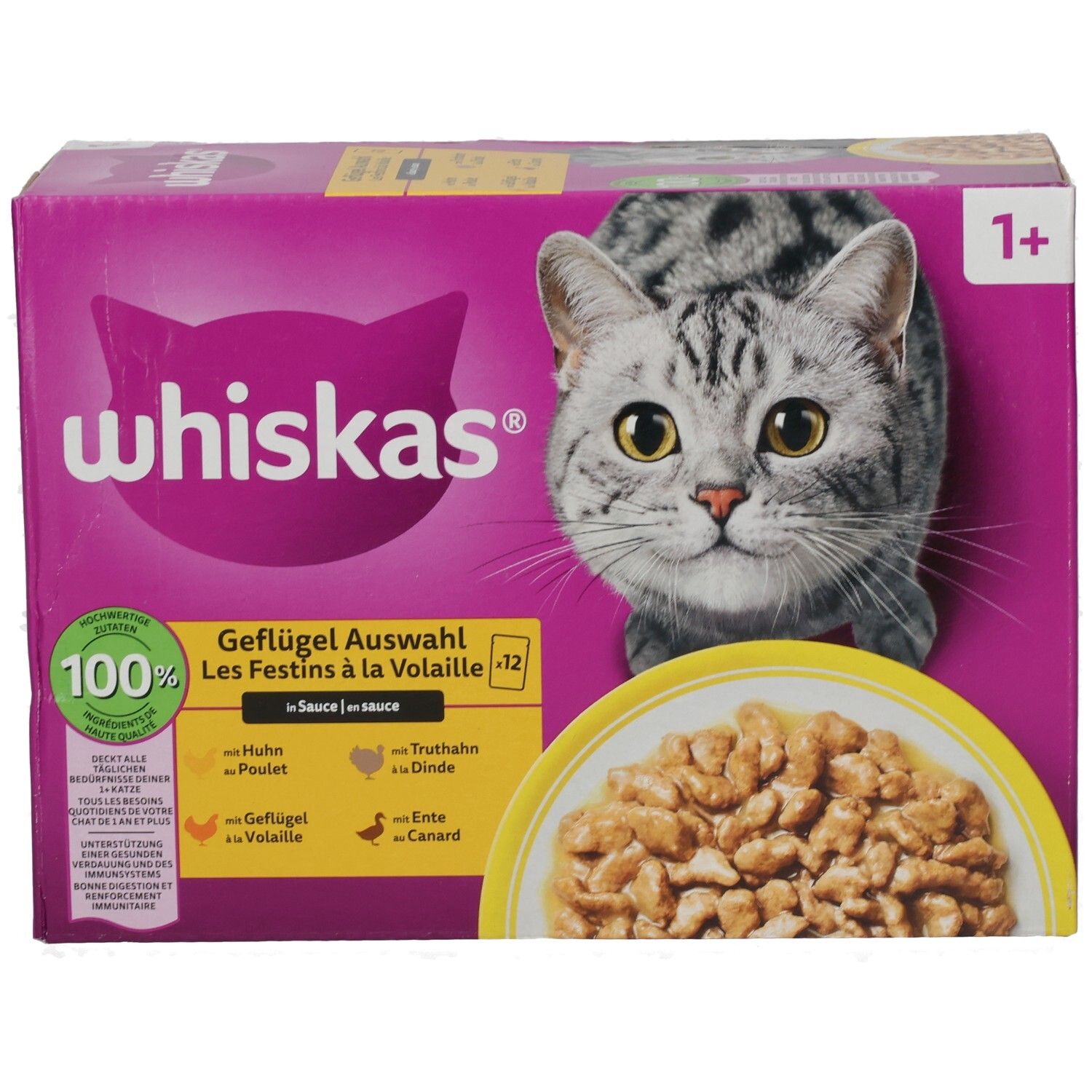 Whiskas Geflügel Auswahl 12x85g Packung mit Katze und Schale Nassfutter.