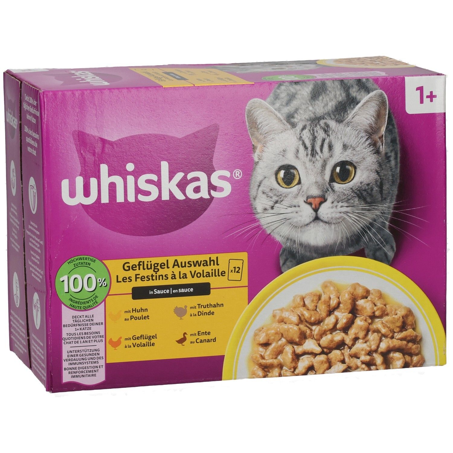 Whiskas Geflügel Auswahl 12x85g Packung mit Katze und Schale Nassfutter.