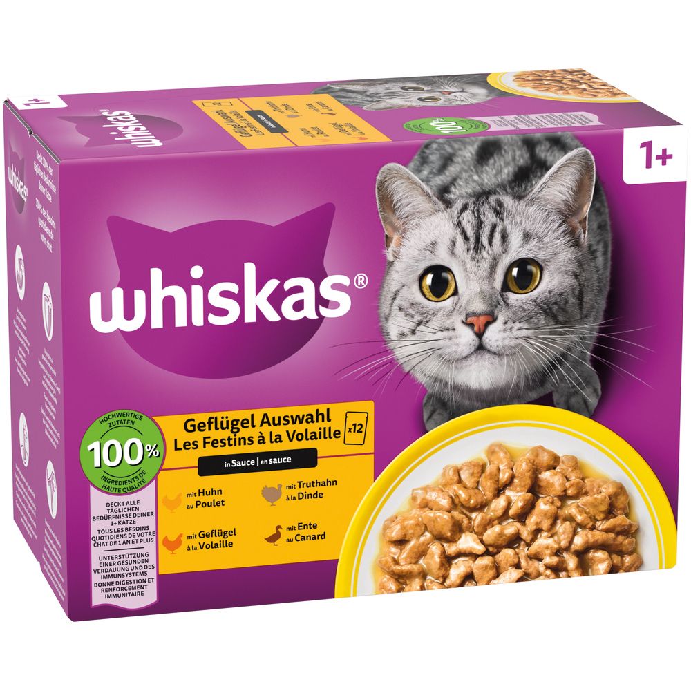 Whiskas Geflügel Auswahl 12x85g Packung mit Katze und Schale Nassfutter.
