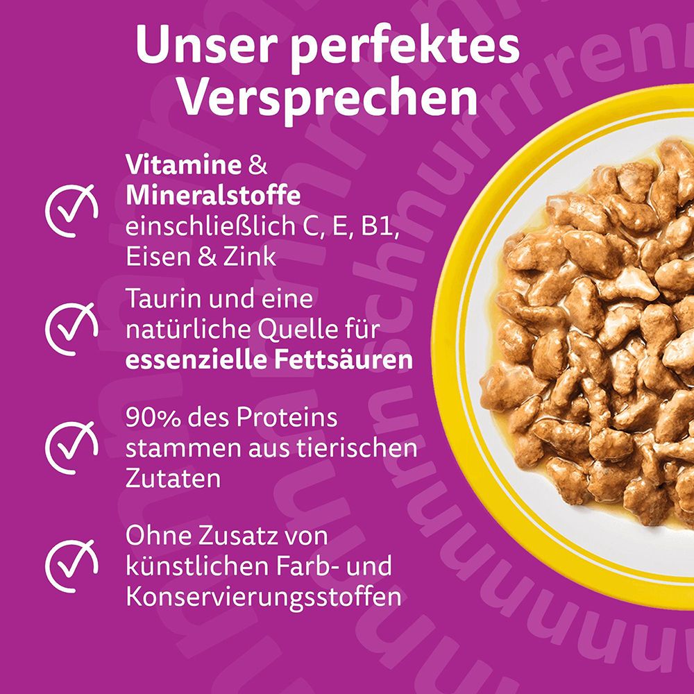 Whiskas Nassfutter: Vitamine, Mineralstoffe, Taurin, 90% Protein aus tierischen Zutaten.