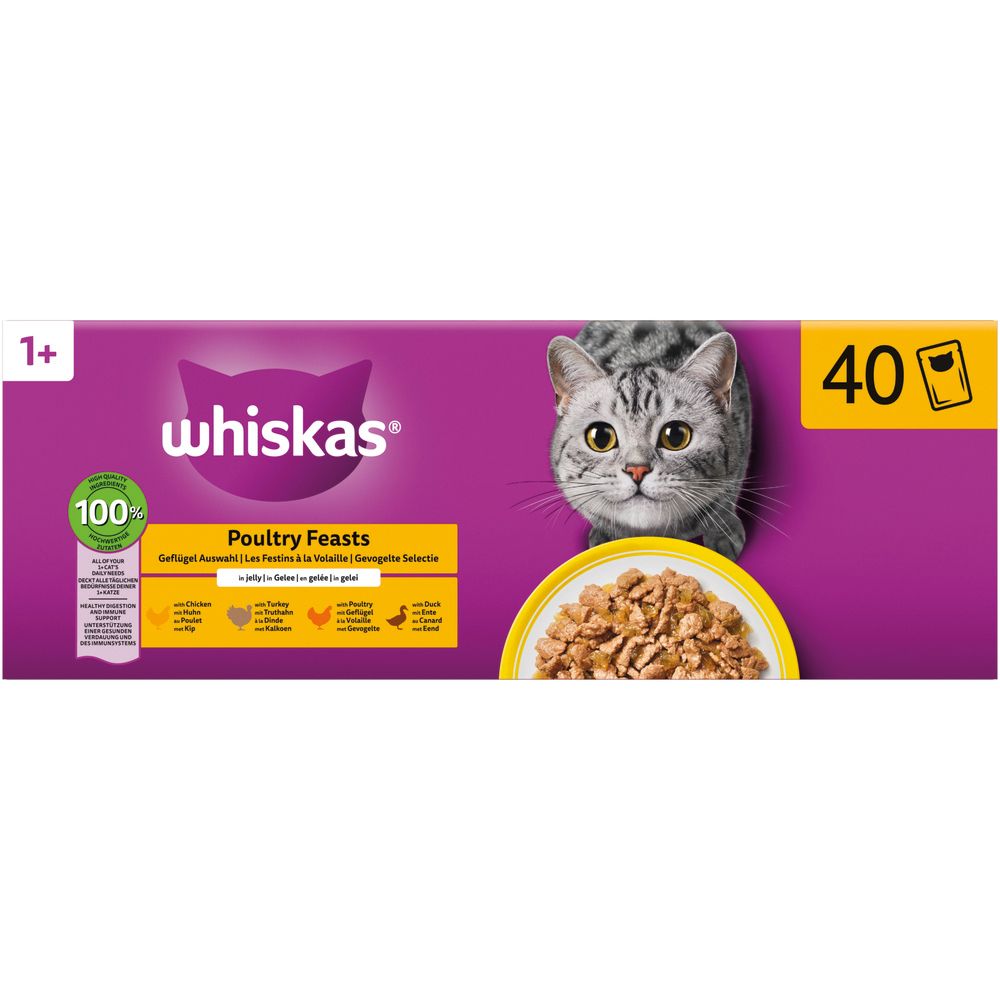 Whiskas Geflügel Auswahl 1+ Katzennahrung in Gelee, 40er Packung.