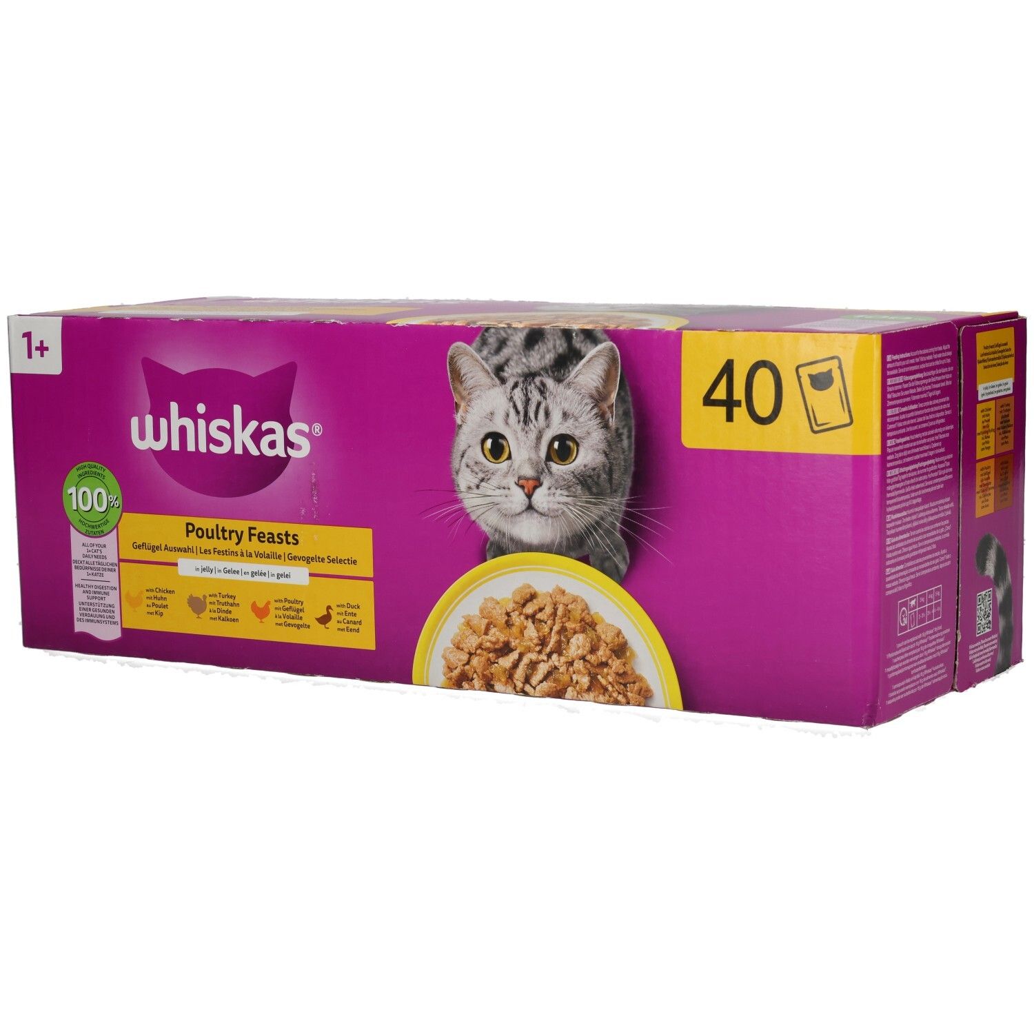 Whiskas Geflügel Auswahl 1+ Katzennahrung in Gelee, 40er Packung, Vorderansicht.