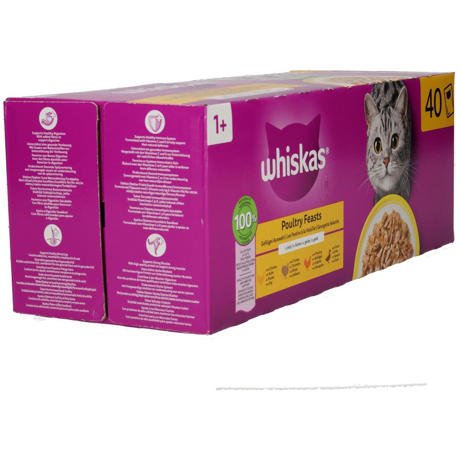 Whiskas Katzennahrung 40er Packung, Seitenansicht mit Nährwertinformationen.
