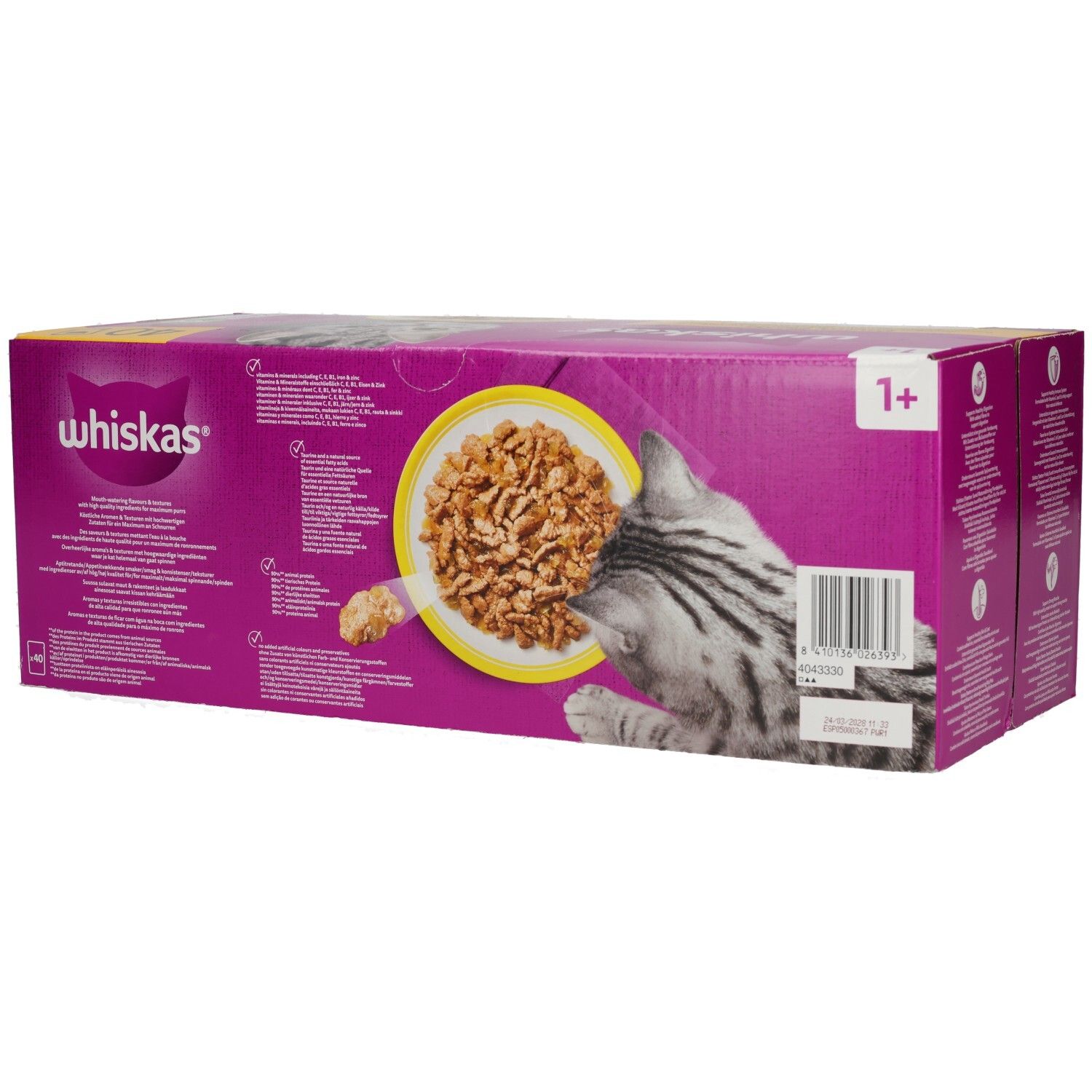 Whiskas Katzennahrung 40er Packung, Rückansicht mit Barcode und Produktinformationen.