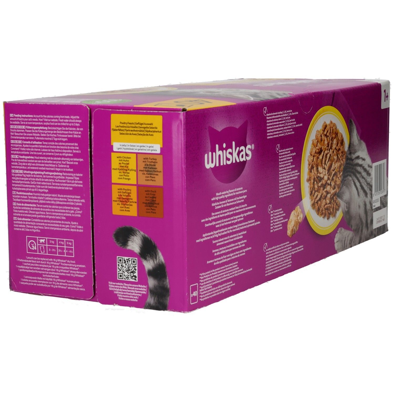 Whiskas Katzennahrung 40er Packung, Seitenansicht mit detaillierten Produktinformationen.