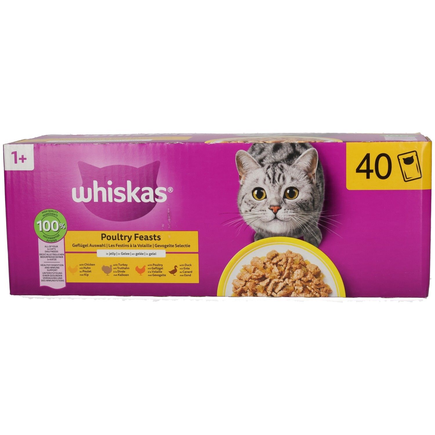 Whiskas Geflügel Auswahl 1+ Katzennahrung in Gelee, 40er Packung, Vorderansicht.