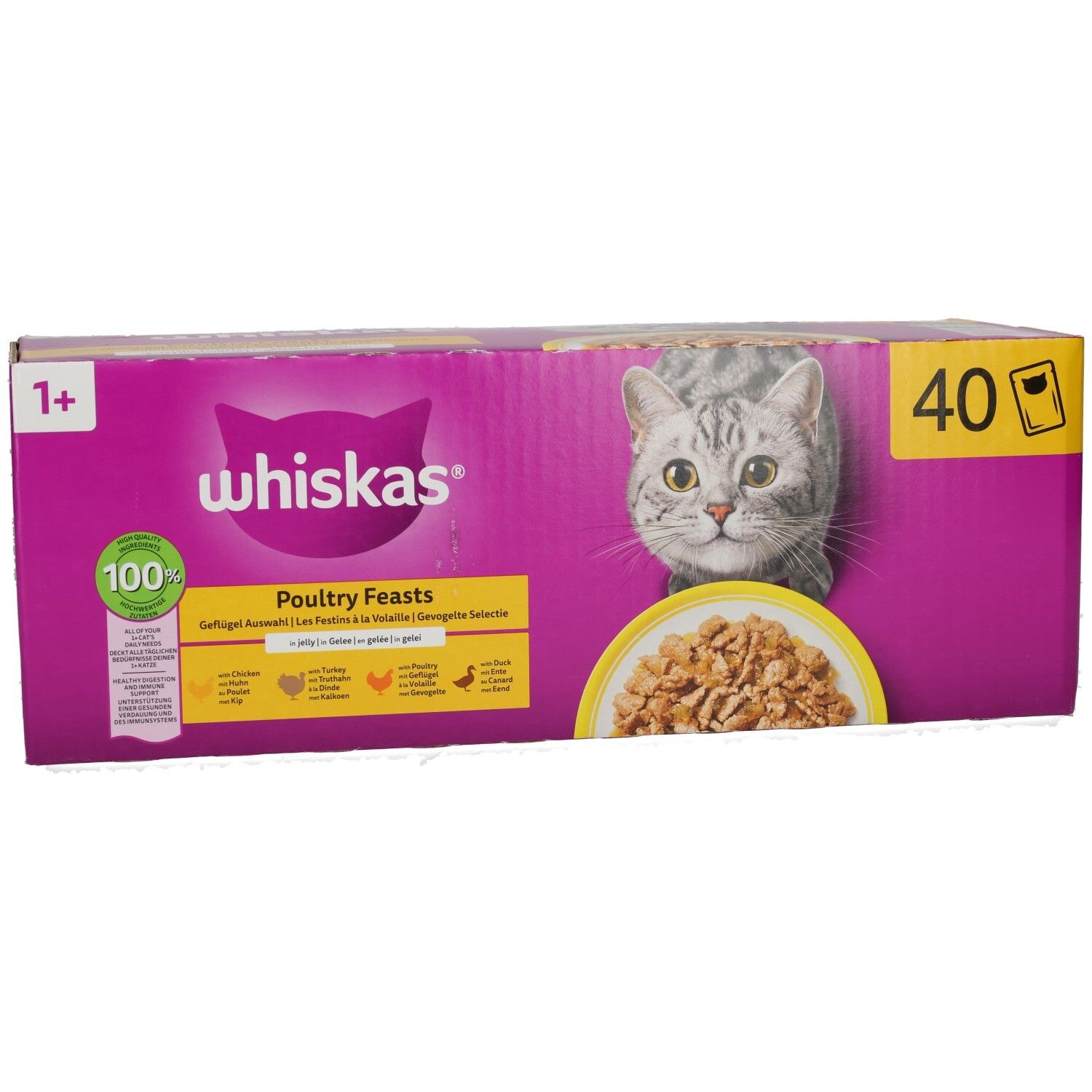 Whiskas Geflügel Auswahl 1+ Katzennahrung in Gelee, 40er Packung, Vorderansicht.