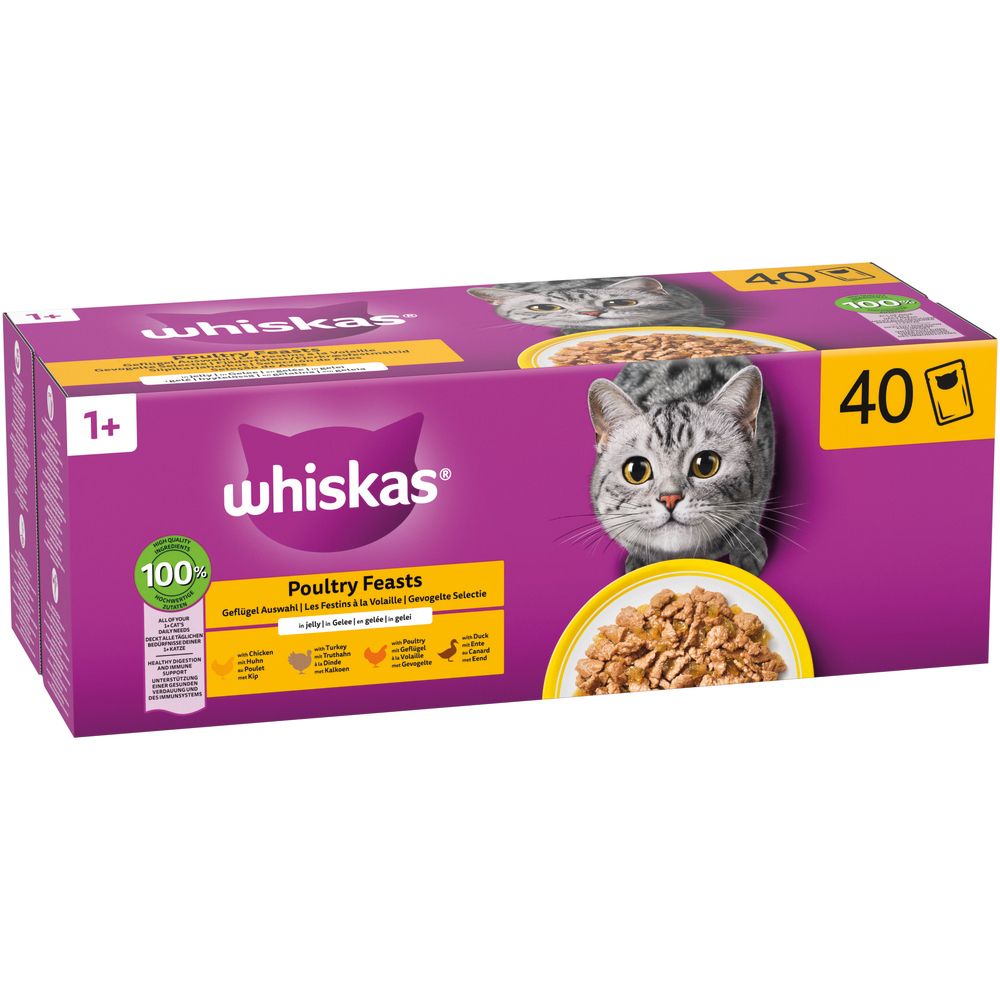 Whiskas Geflügel Auswahl 1+ Katzennahrung in Gelee, 40er Packung, Seitenansicht.
