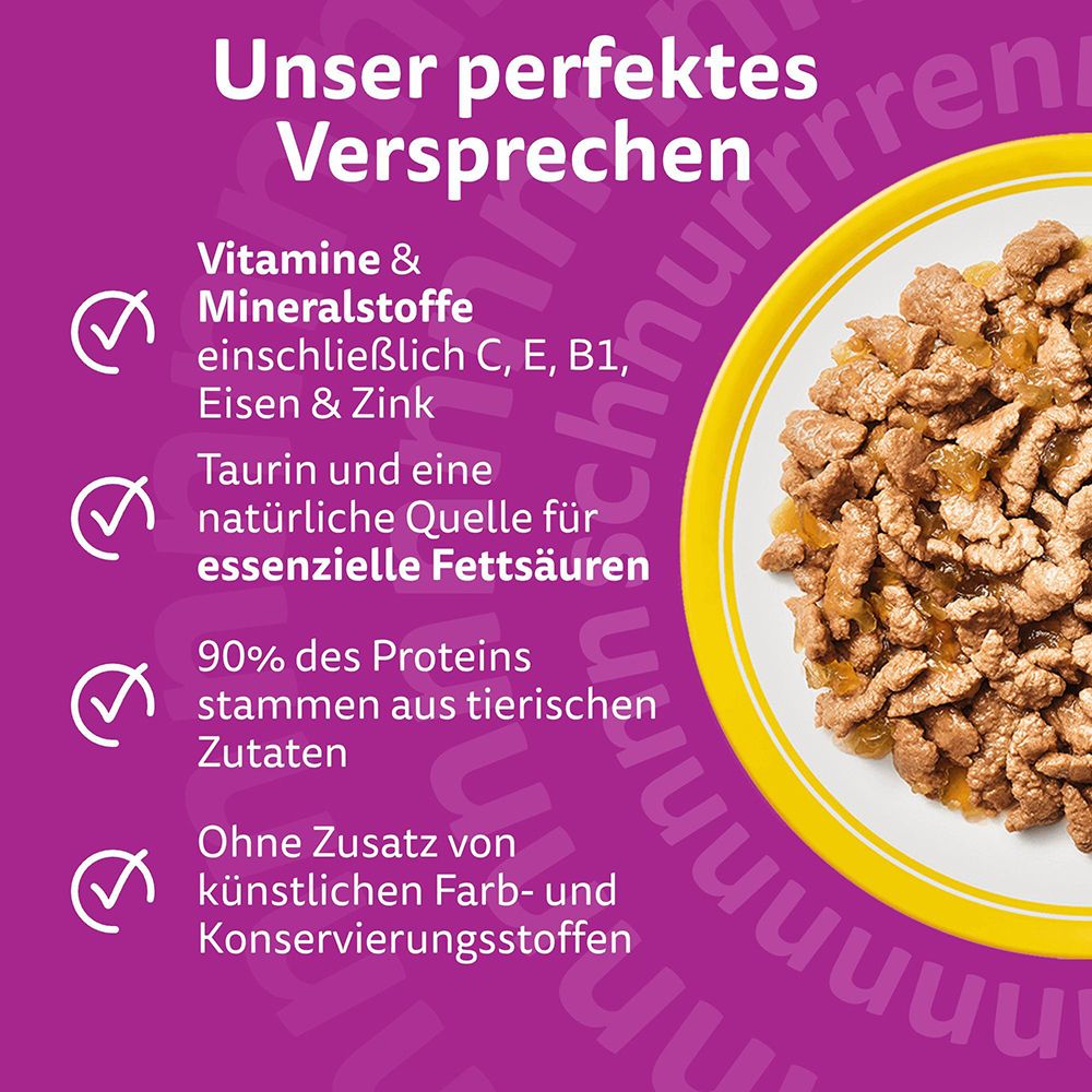 Whiskas Katzennahrung: Vitamine, Mineralstoffe, Taurin, essentielle Fettsäuren, 90% Protein.